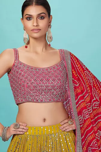 yellow georgette embroidered lehenga choli with dupatta