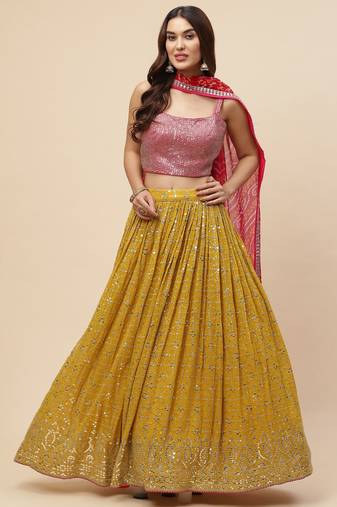 yellow georgette embroidered lehenga choli with dupatta