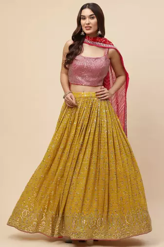 yellow georgette embroidered lehenga choli with dupatta