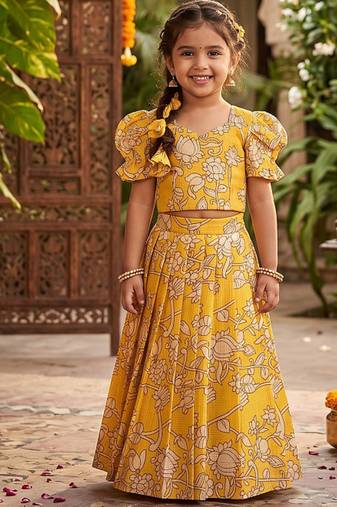 Kota chex fabric with floral printed kids lehenga choli