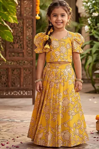 Kota chex fabric with floral printed kids lehenga choli