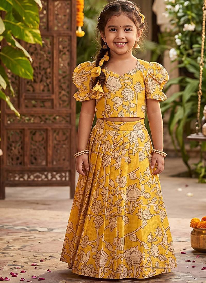 Kota chex fabric with floral printed kids lehenga choli