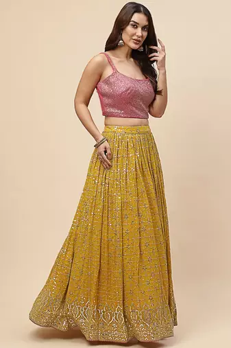 yellow georgette embroidered lehenga choli with dupatta