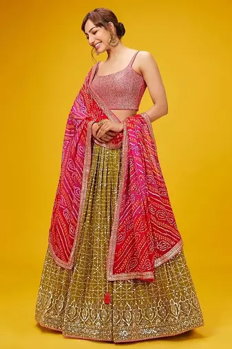olive georgette embroidered lehenga choli with dupatta