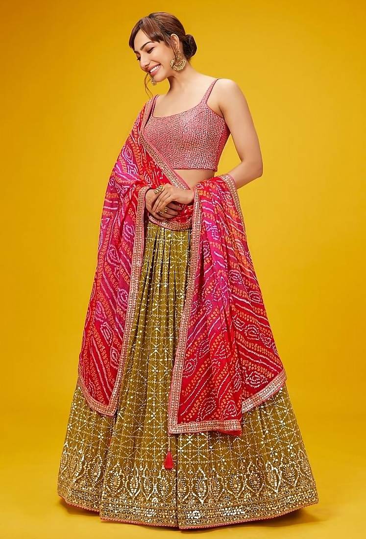 olive georgette embroidered lehenga choli with dupatta