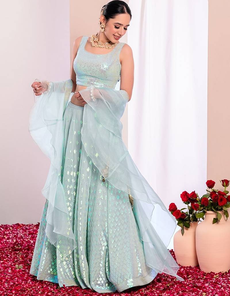 blue georgette embroidered lehenga choli with dupatta