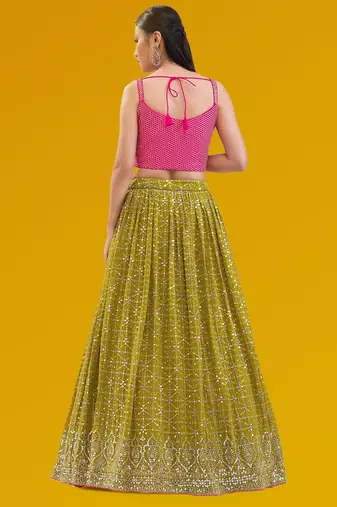 olive georgette embroidered lehenga choli with dupatta