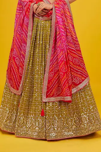 olive georgette embroidered lehenga choli with dupatta