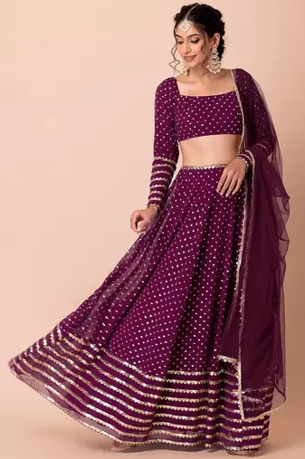 wine georgette embroidered lehenga choli with dupatta