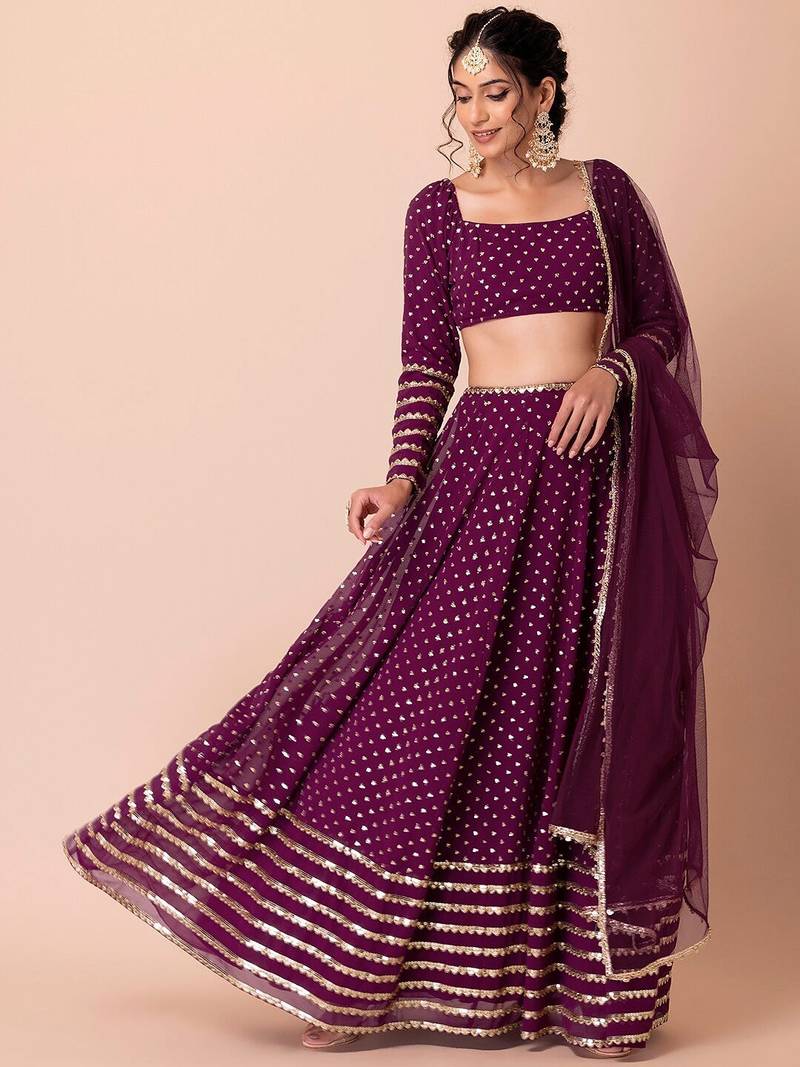 wine georgette embroidered lehenga choli with dupatta