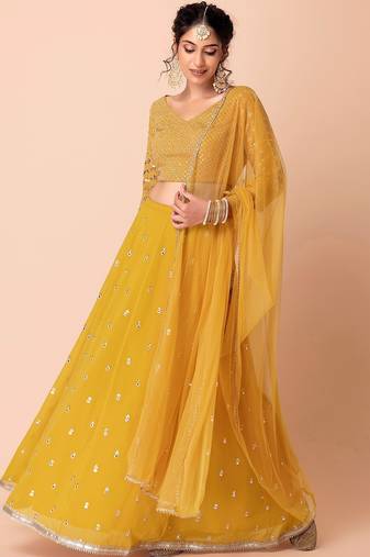 yellow georgette embroidered lehenga choli with dupatta