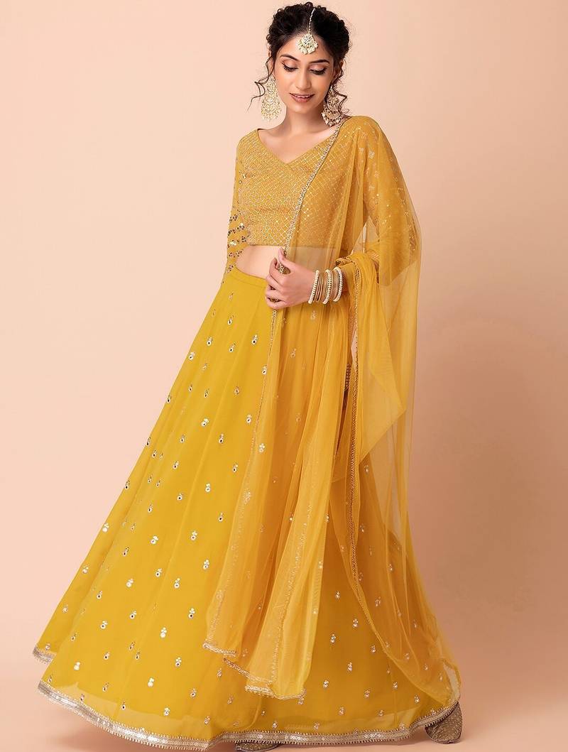 yellow georgette embroidered lehenga choli with dupatta