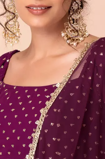 wine georgette embroidered lehenga choli with dupatta