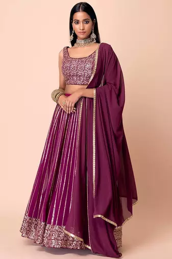 wine georgette embroidered lehenga choli with dupatta