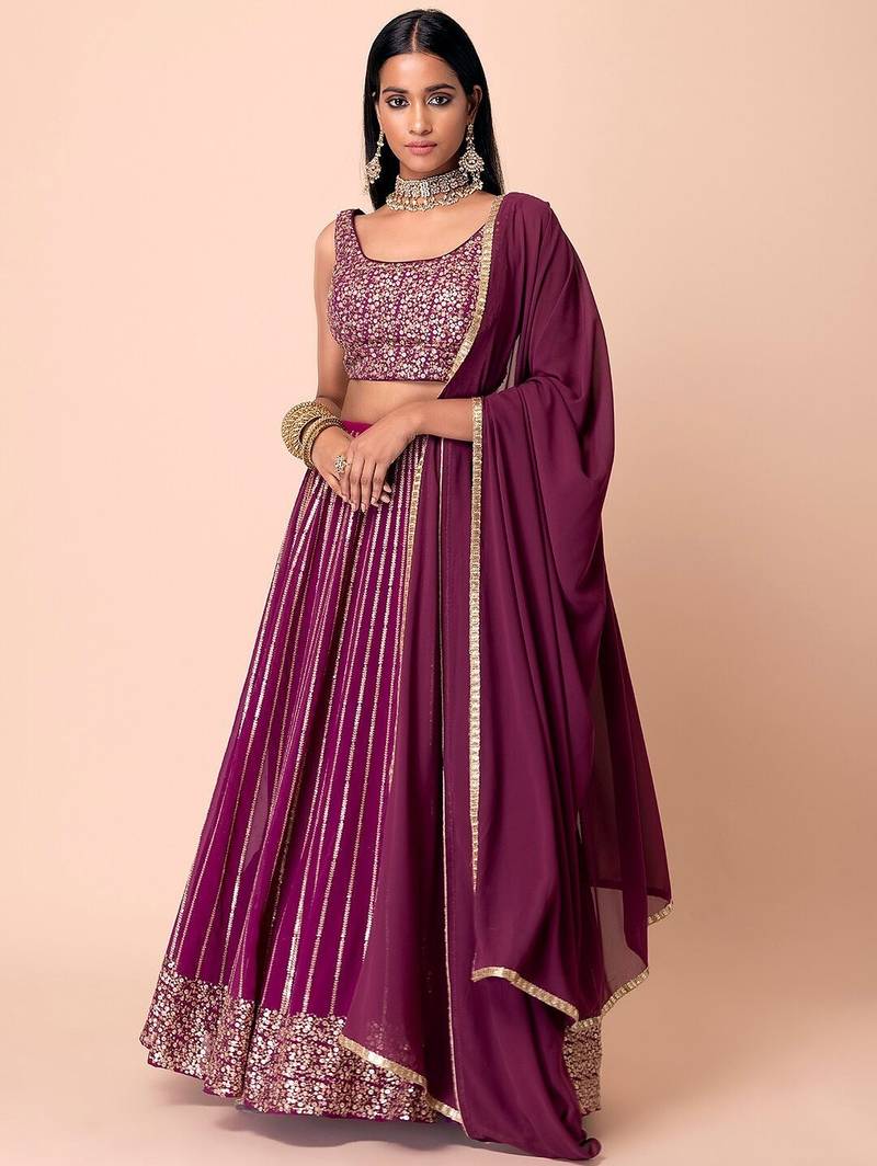 wine georgette embroidered lehenga choli with dupatta