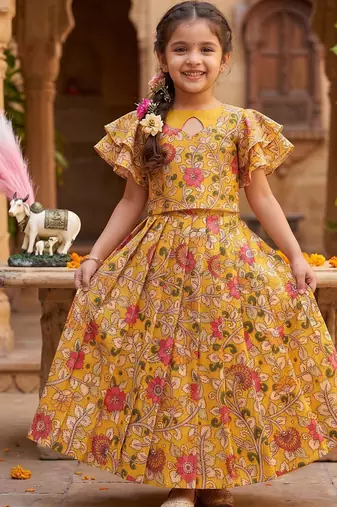 Kota chex fabric with floral printed kids lehenga choli