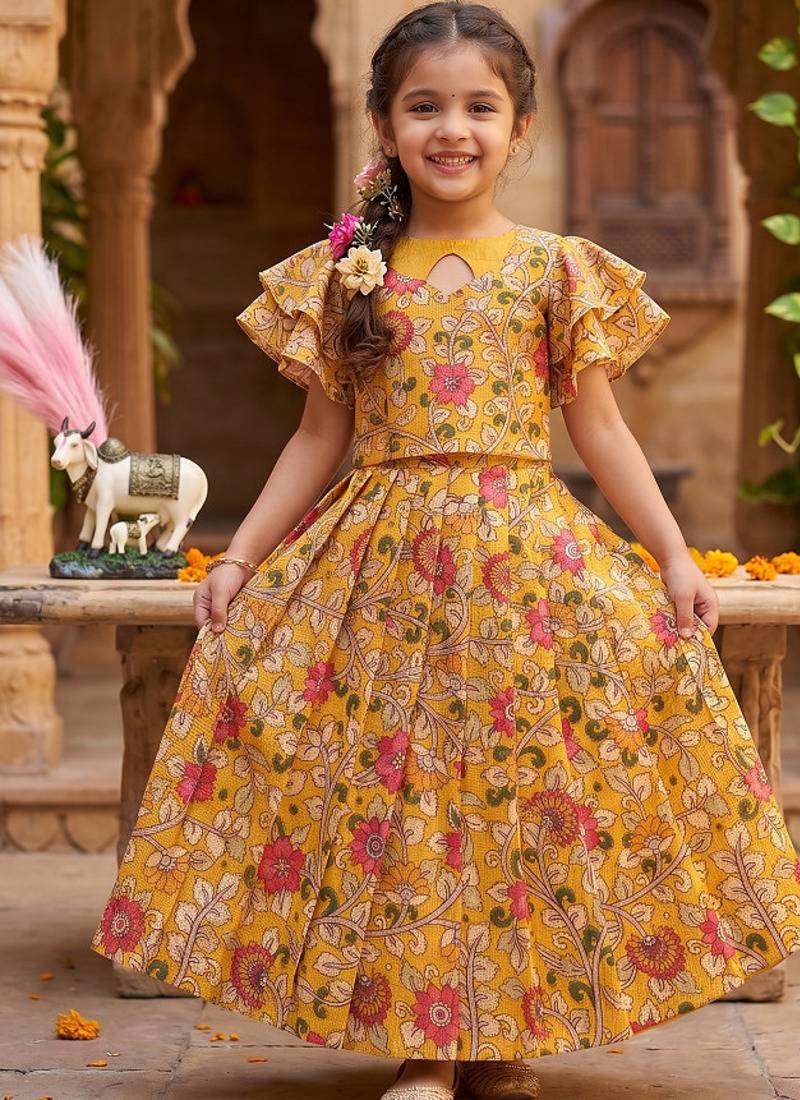 Kota chex fabric with floral printed kids lehenga choli