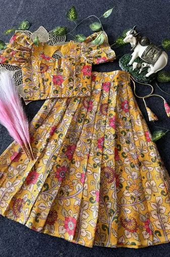Kota chex fabric with floral printed kids lehenga choli