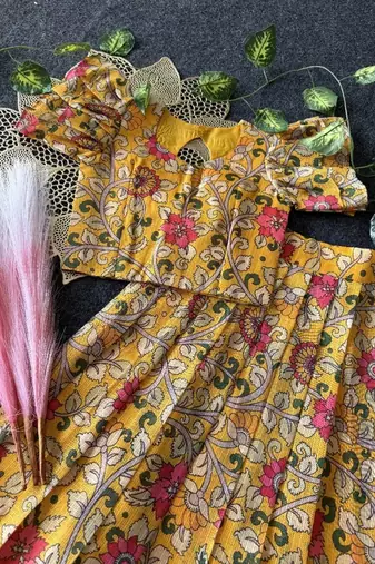 Kota chex fabric with floral printed kids lehenga choli