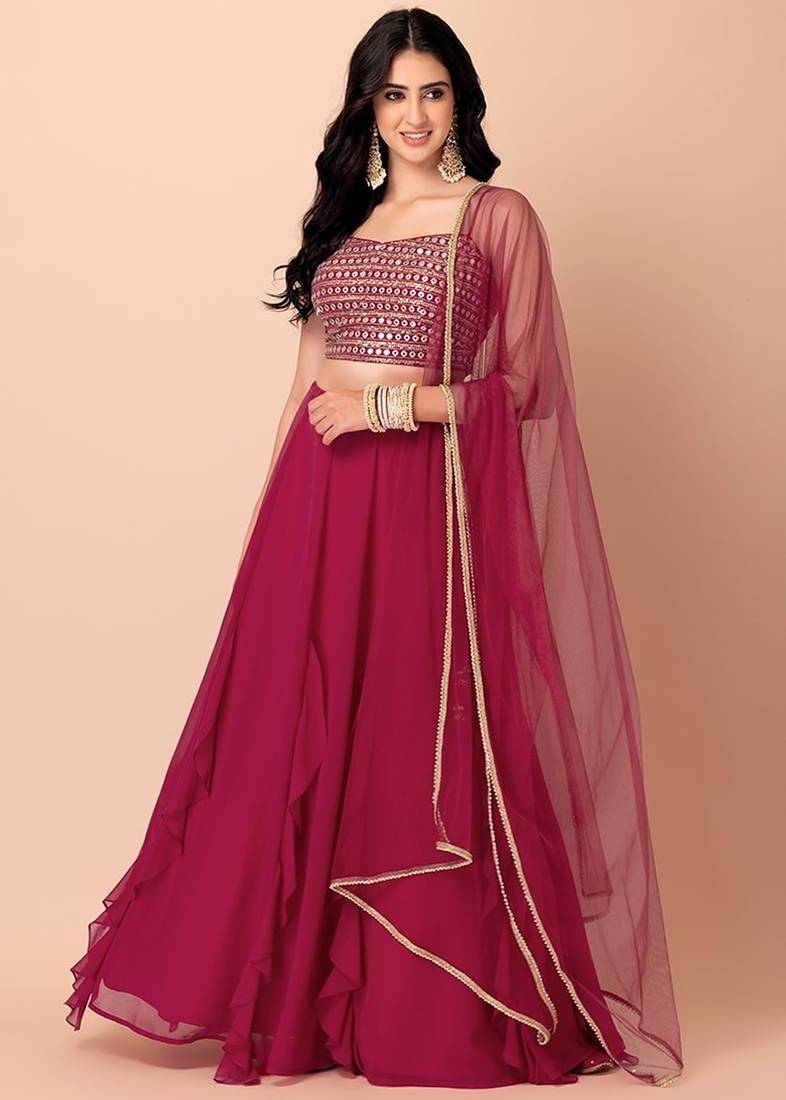 pink georgette embroidered lehenga choli with dupatta