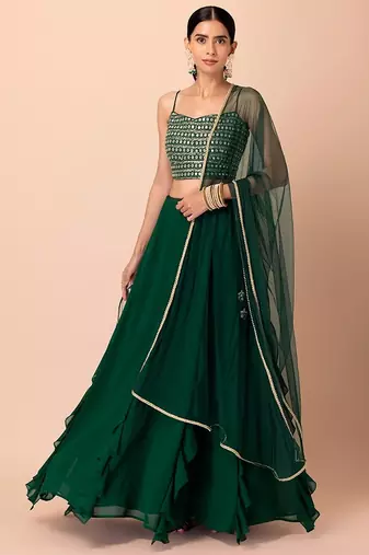 green georgette embroidered lehenga choli with dupatta