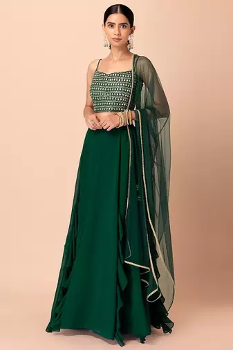 green georgette embroidered lehenga choli with dupatta
