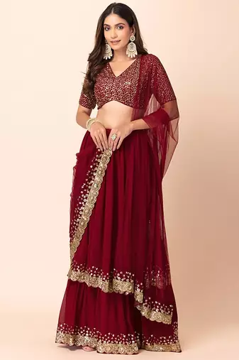 red georgette embroidered lehenga choli with dupatta