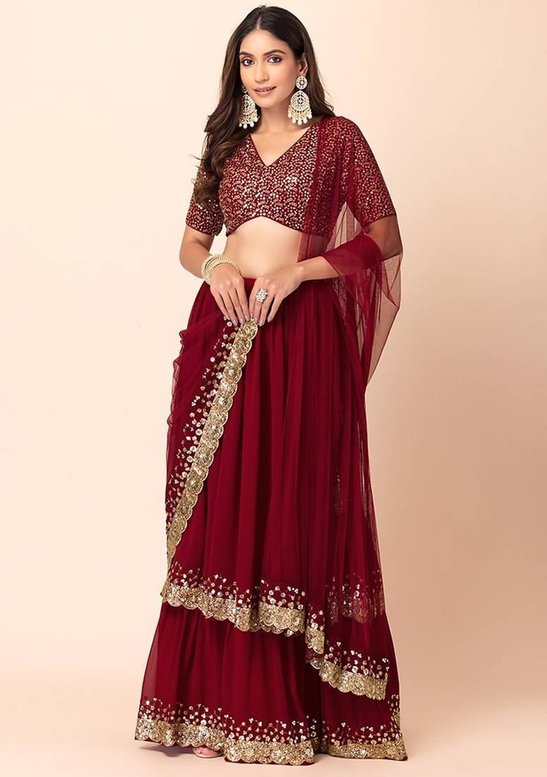red georgette embroidered lehenga choli with dupatta