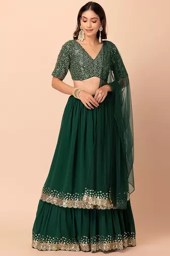 green georgette embroidered lehenga choli with dupatta