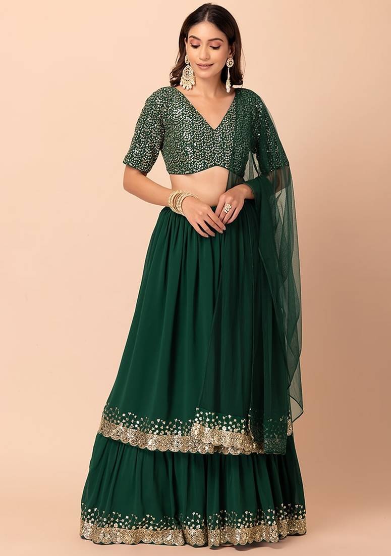 green georgette embroidered lehenga choli with dupatta