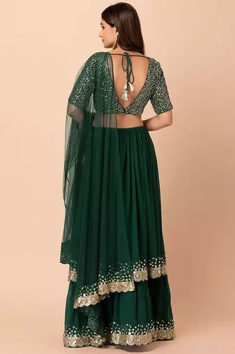 green georgette embroidered lehenga choli with dupatta