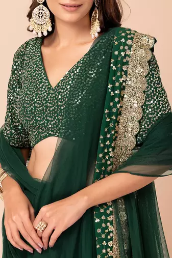 green georgette embroidered lehenga choli with dupatta
