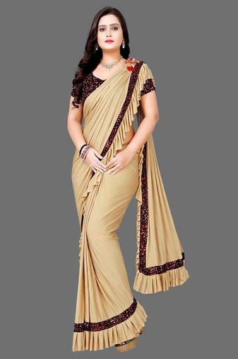 beige sequin embroidered lycra blend ready to wear saree with unstitched blouse