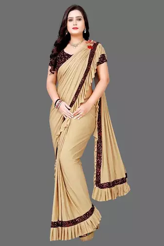 beige sequin embroidered lycra blend ready to wear saree with unstitched blouse