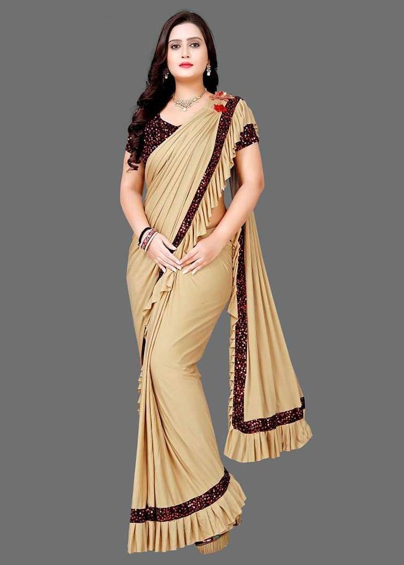 beige sequin embroidered lycra blend ready to wear saree with unstitched blouse