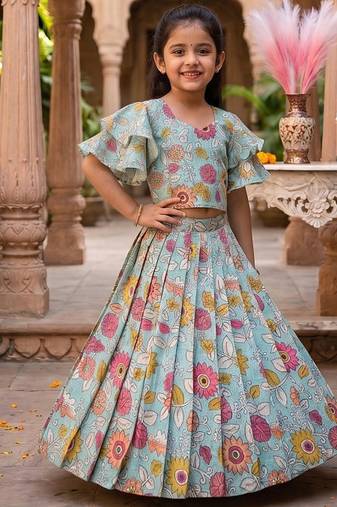 Kota chex fabric with floral printed kids lehenga choli