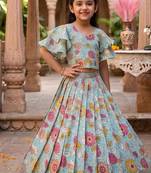 Kota chex fabric with floral printed kids lehenga choli