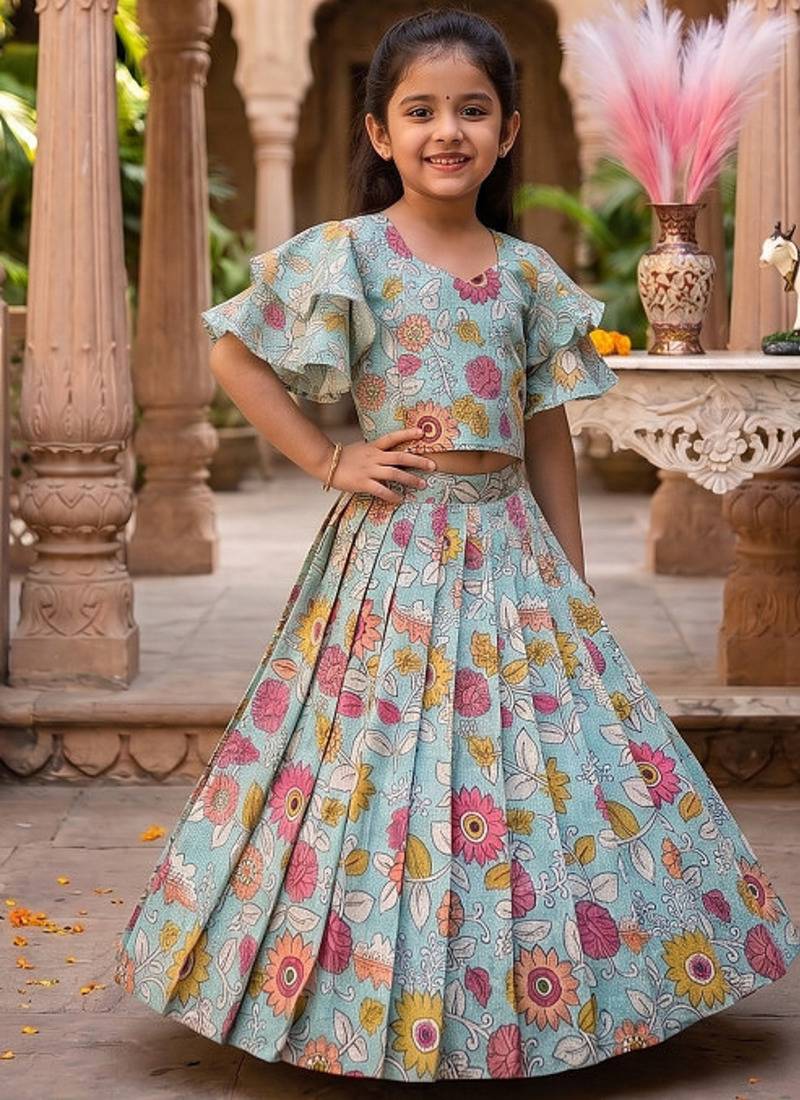 Kota chex fabric with floral printed kids lehenga choli