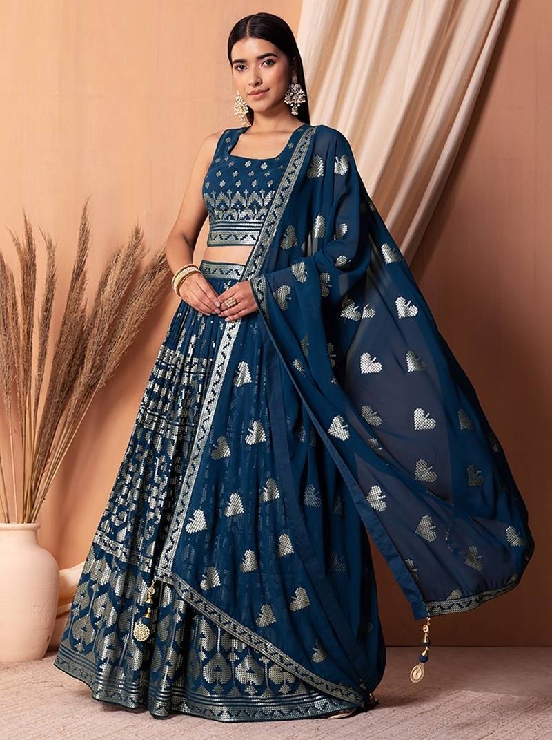 blue georgette embroidered lehenga choli with dupatta