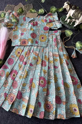 Kota chex fabric with floral printed kids lehenga choli
