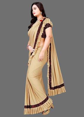 beige sequin embroidered lycra blend ready to wear saree with unstitched blouse 2