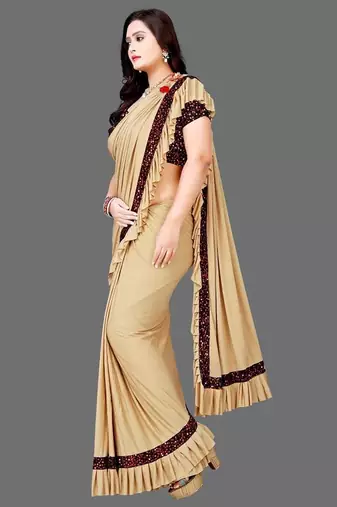 beige sequin embroidered lycra blend ready to wear saree with unstitched blouse