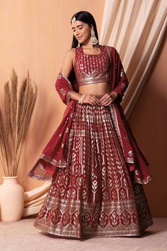 maroon georgette embroidered lehenga choli with dupatta
