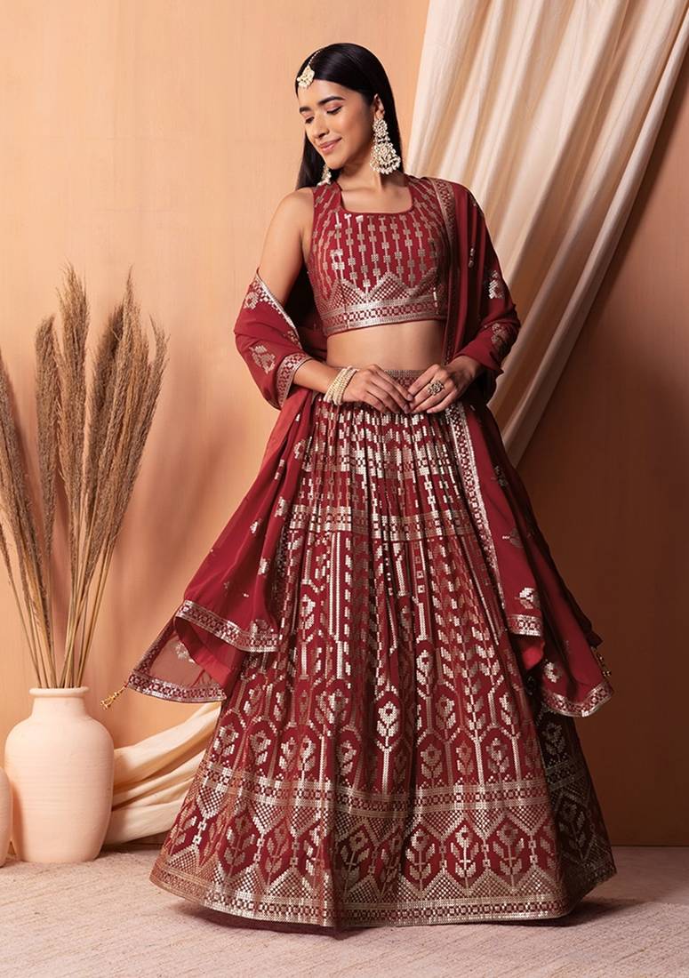 maroon georgette embroidered lehenga choli with dupatta