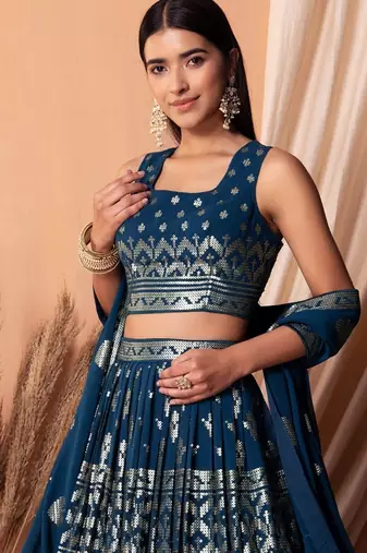 blue georgette embroidered lehenga choli with dupatta
