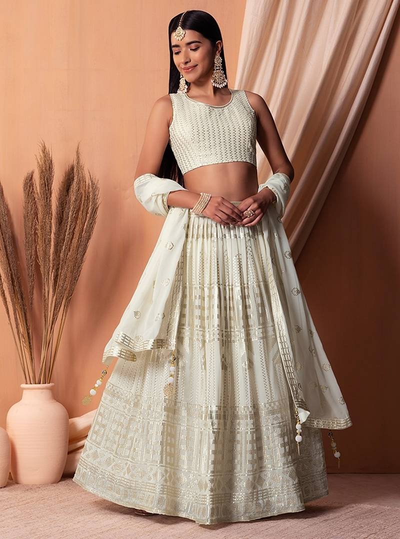 white georgette embroidered lehenga choli with dupatta