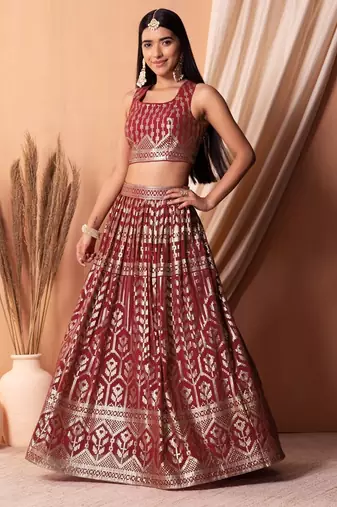 maroon georgette embroidered lehenga choli with dupatta