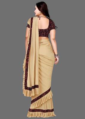 beige sequin embroidered lycra blend ready to wear saree with unstitched blouse 3