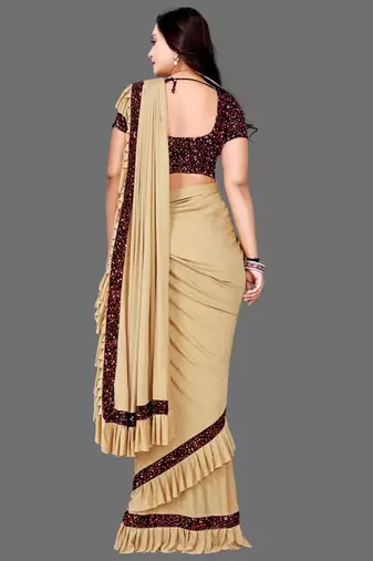 beige sequin embroidered lycra blend ready to wear saree with unstitched blouse