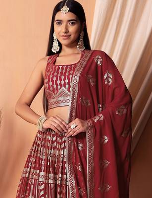 maroon georgette embroidered lehenga choli with dupatta 4